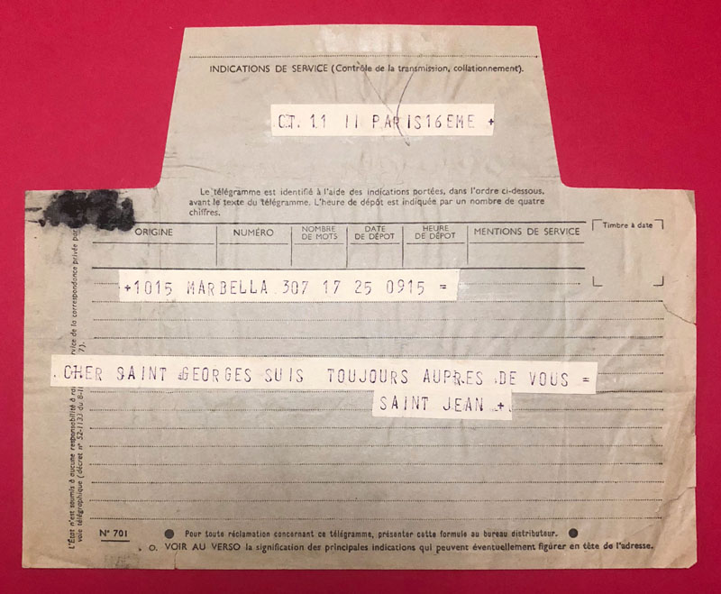 Télégramme de Jean Cocteau à Georges Mathieu